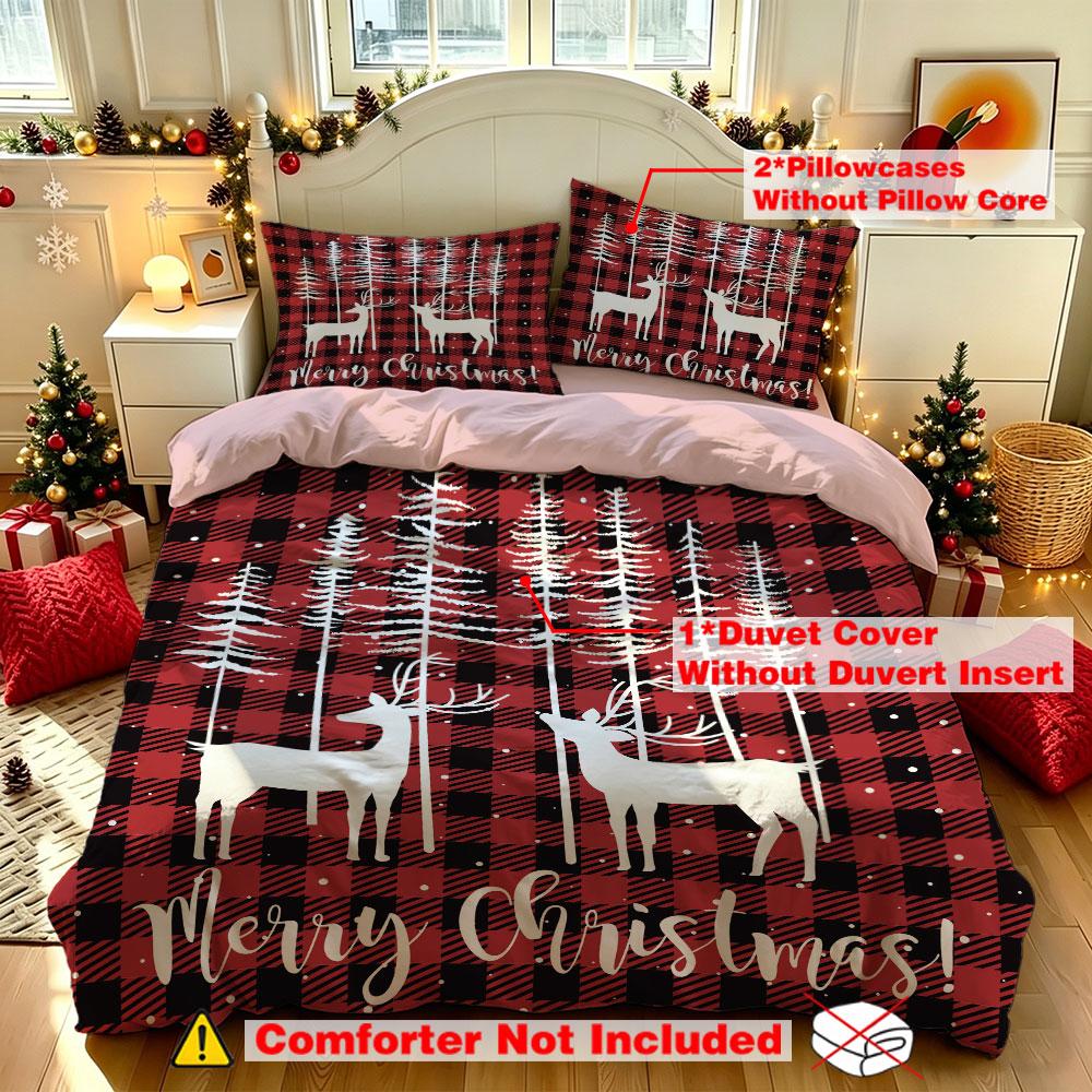 3Pcs Reindeer Pine Forest Merry Christmas Bedding Set Without Filler Duvet Cover 2 Pillowcases Soft Comfortable Machine Washa