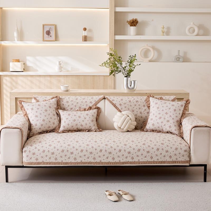 Quilted Washed Cotton Sofa Cushion Korean Small Fresh Fabric Non-slip Solid Wood Sofa Cover  New Seat Cushion