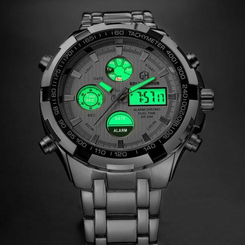 GOLDEN HOUR Luxury Stainless Steel Analog-Digital Watch for Men, Outdoor Sports, Waterproof, Big, Heavy, Silver-White, Digital, Quartz Movement.