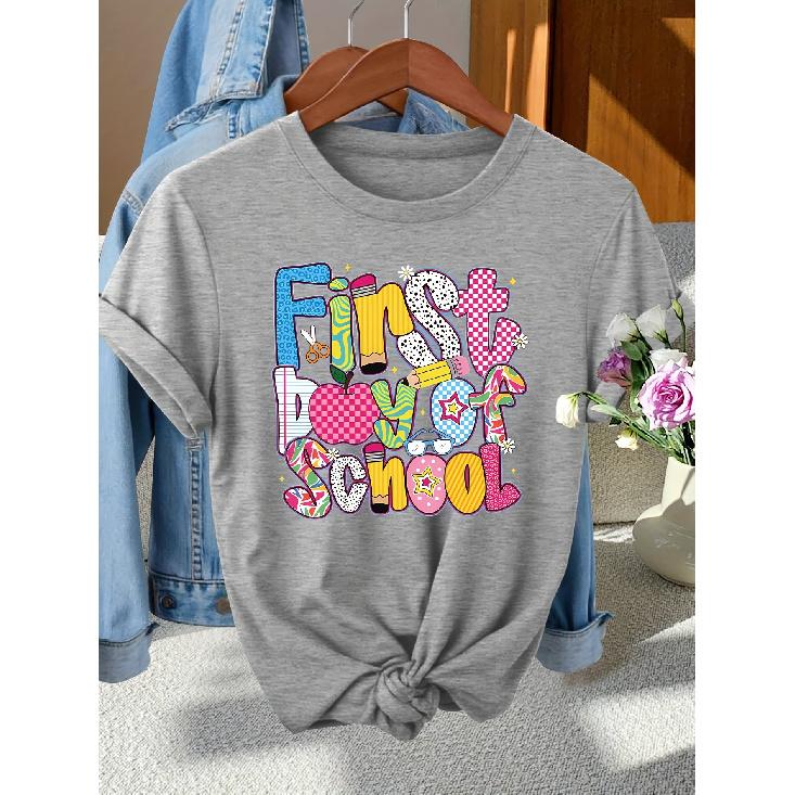 Back-to-School Season Fashionable and elegant with a variety of colors First Day of School Patterned Print Round Neck Short Sleeve T Women s S светло-серый