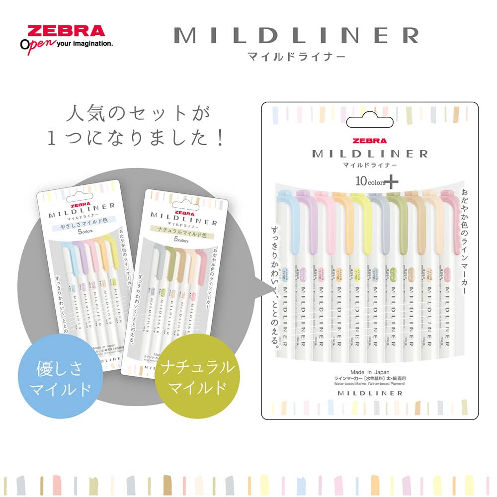 Zebra Mildliner Highlighter Gentle Natural Set Pens, & Mild, 10-Color (WKT7-10C-YNTC)