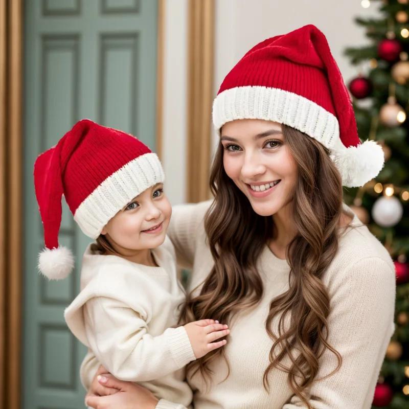 2025 Knitted Christmas Hat Cute Pompom Adult Kids Soft Beanie Santa Cap New Year Party Dress Up Hats Children Festival Gifts