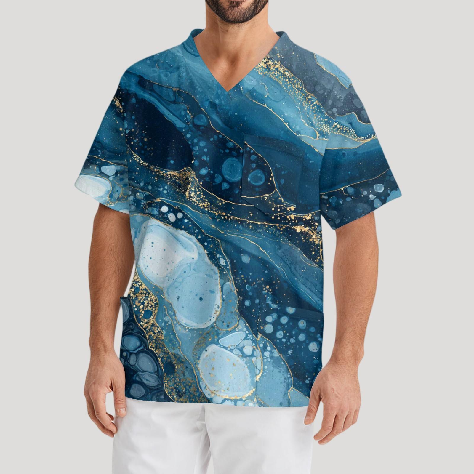 

Мужская рабочая блузка с короткими рукавами и v-образным вырезом с принтом, топ с нагрудным карманом XXXL тёмно-синий