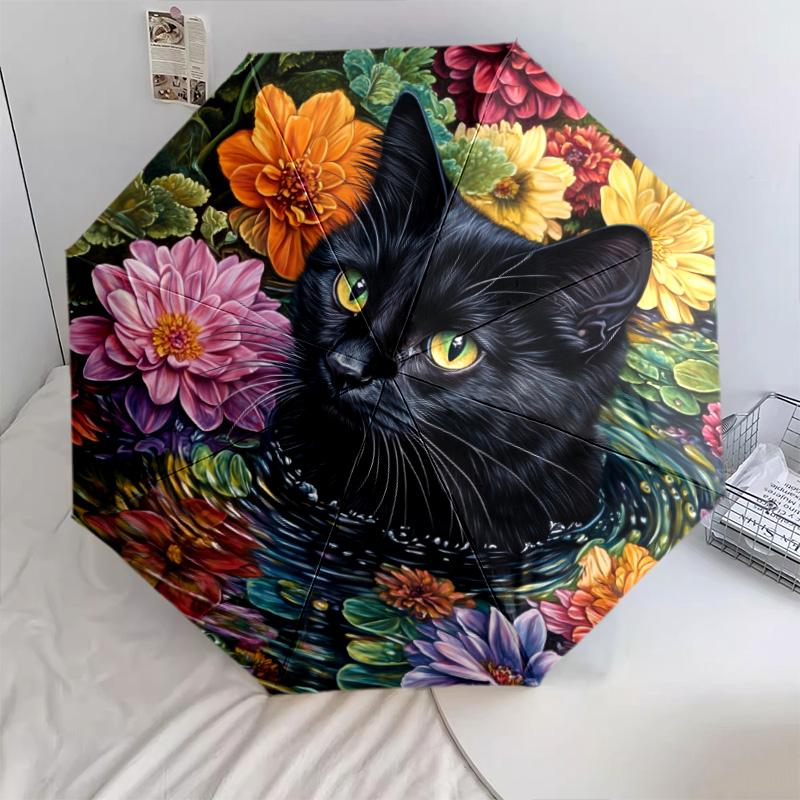 0106 Floral Black Cat  pattern, automatic folding umbrella, portable and foldable design, 8 ribs, a Christmas or birthday gift.