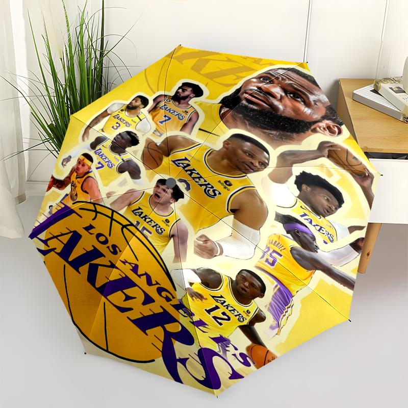Los Angeles Lakers logo Print Automatic Umbrella, 8 Rib Iron Frame, Plastic Handle, Suitable for Outdoor Travel &Daily , Ideal Gift