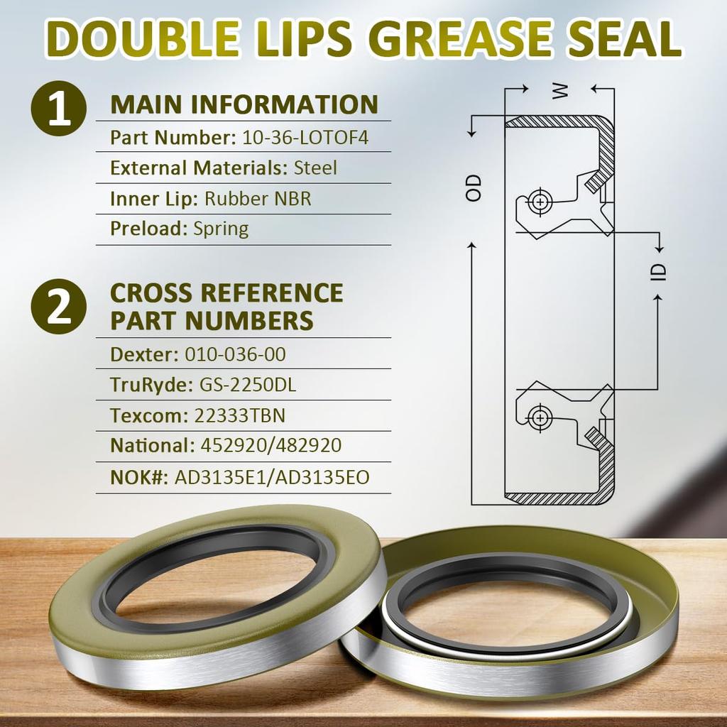 22333TB Double Lip Seals 2.250'', 3.371'' For 5200-7000Lb Trailer Axles D42 Spindle (Qty 4) Replaces Dexter 10-36 Transcom 22333TB National