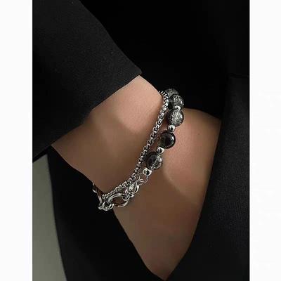 Double-Layer Titanium Steel Ice Crack Beads Bracelet - Unisex Hip-Hop Luxury Style