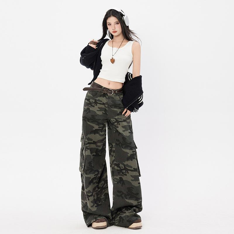Vintage Camouflage Overalls Casual Multi-Pocket Wide Leg Loose Straight Skinny Floor Pants Trousers & Extended Elastane