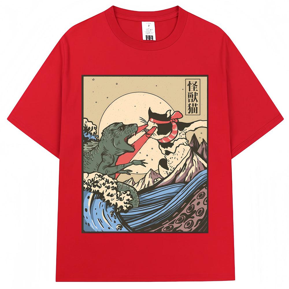 Japanese Style Kaiju Vs Cat Funny Meme Graphic Tshirts Men Women Fashion Vintage Manga T Shirts Oversized Cozy Cotton T Shirt
