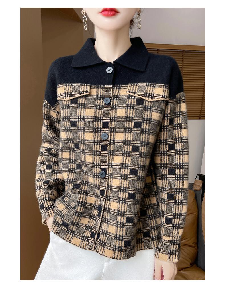 100% pure wool comfortable casual checkered shirt collar cardigan jacket