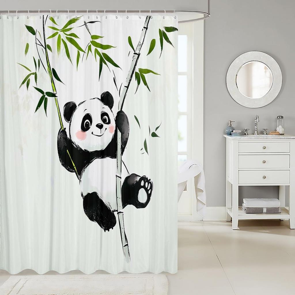1pc Panda Shower Curtain Cute Cartoon Panda Bathroom Curtain Kawaii Animal Bath Curtain, Watercolor Panda Art Painting Curtain