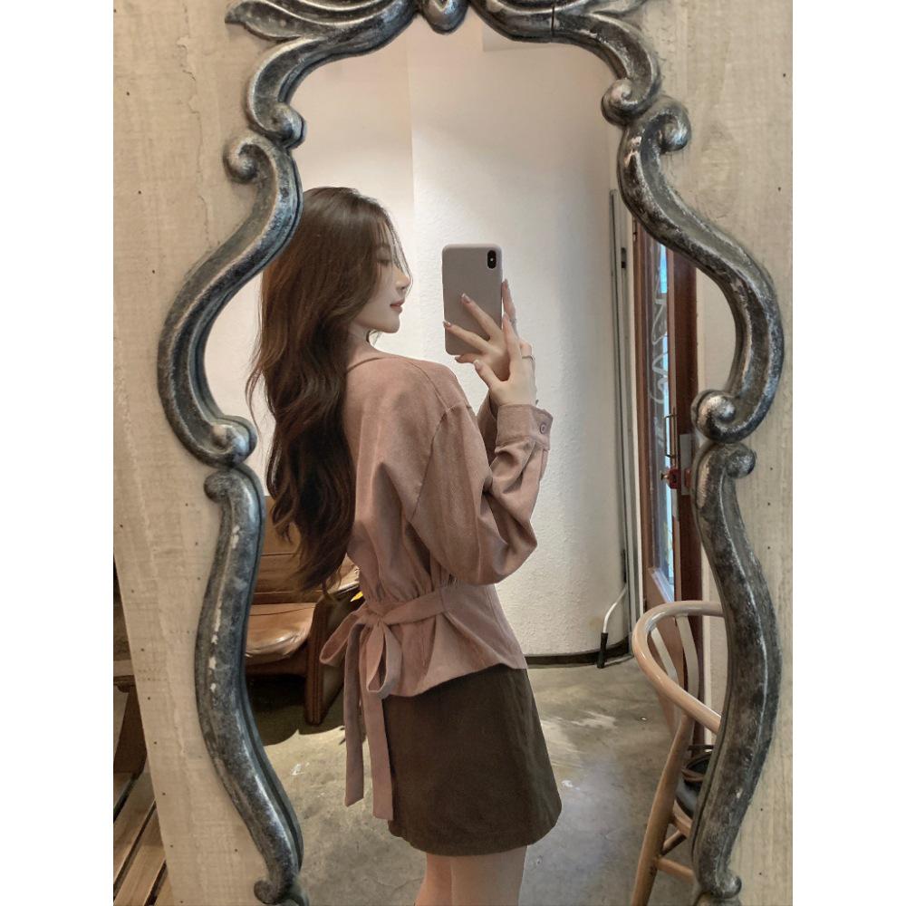 Elegant Korean Corduroy Tie-Up Lapel Shirt - Slimming Autumn/Winter Top for Women
