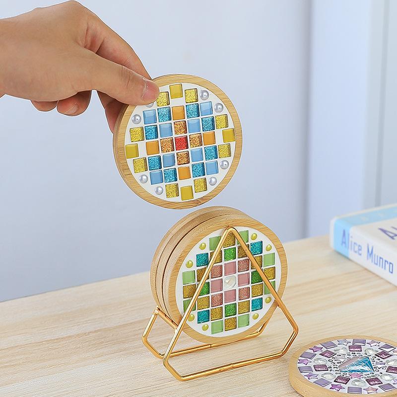 Square Round Diy Mosaic Cup Mat Mosaic Glass Handicraft Handmade Coaster Handmake Accessories Bamboo Pad Early Education