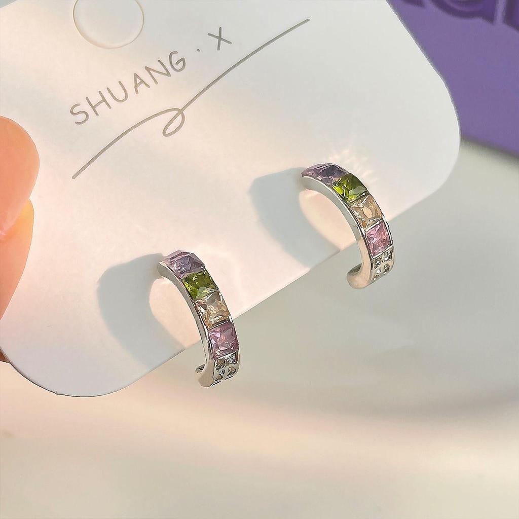 Silver Needle Zircon C-Shaped Hoops: Stylish Women's Square Stud Earrings