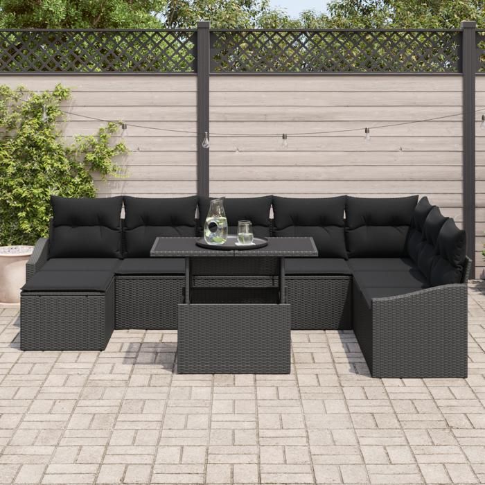 VidaXL Ensemble de canapé de jardin de 9 pièces avec coussins en rotin poly noir 3349059