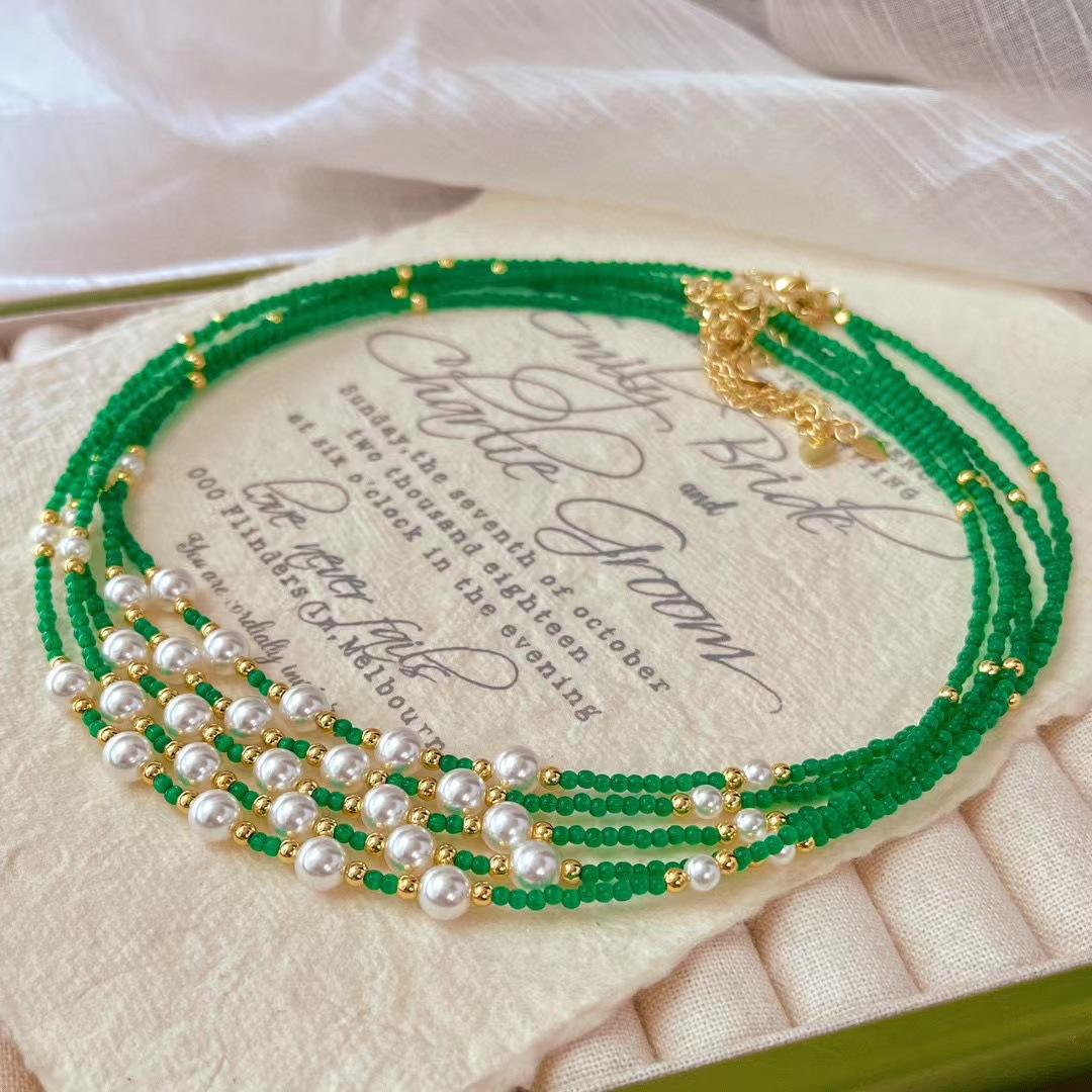 Vintage High Quality Artificial Green Opal Shijia Zhengyuan Strong Light Pearl Collarbone Chain Necklace