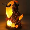 Dark Aesthetic Room Decor Halloween Witch on Crescent Moon Decorative Light, Gothic Detailed Fantasy Figurines Lamp, Resin Figurine for Home Tabletop