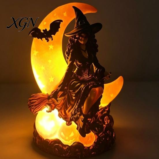 Dark Aesthetic Room Decor Halloween Witch on Crescent Moon Decorative Light, Gothic Detailed Fantasy Figurines Lamp, Resin Figurine for Home Tabletop