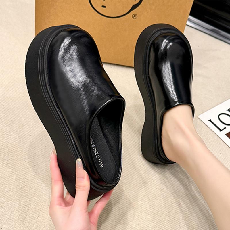 Women's Mules Slippers 2026New Casual Leather Slippers Fashion Baotou Half Slippers Waterproof Leather Slipper Zapatos De Mujer