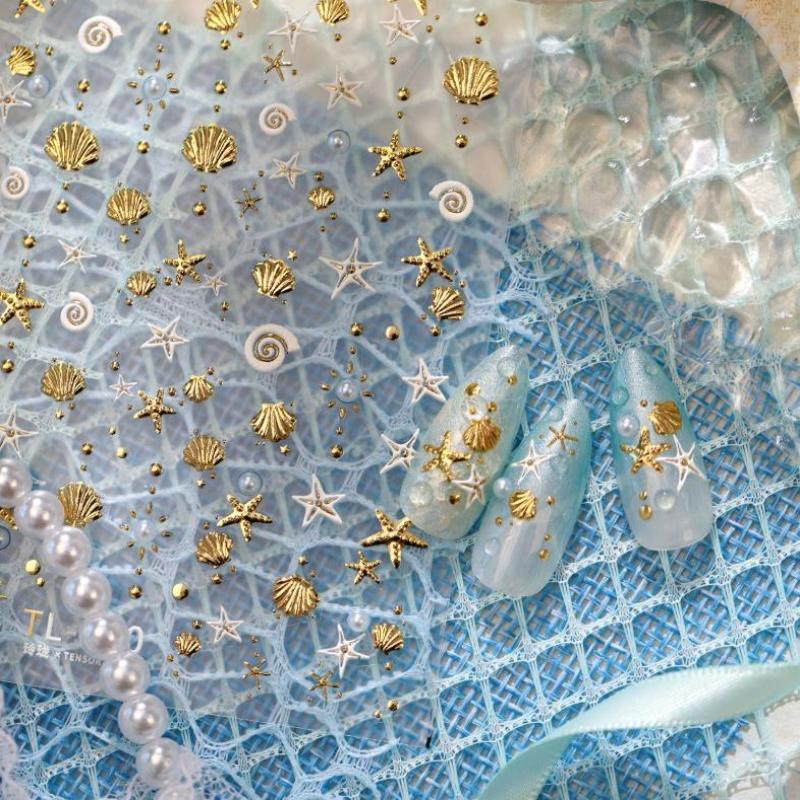 Gold Stamped Shell Conch Scallop Starfish Pearl 5D Embossed Self Adhesive Nail Art Stickers Delicate Ocean Style Manicure Decals