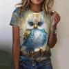 Popular Women's Spring and Summer Personalized Clothing 3D Printed Round Neck T-shirt with Owl Pattern Short Sleeved Shirt