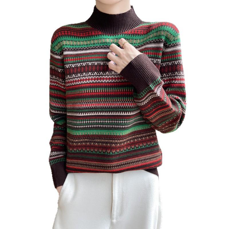 Damen Retro Gestreifter Strickpullover mit hohem Kragen - Vielseitig & Modisch für Herbst/Winter