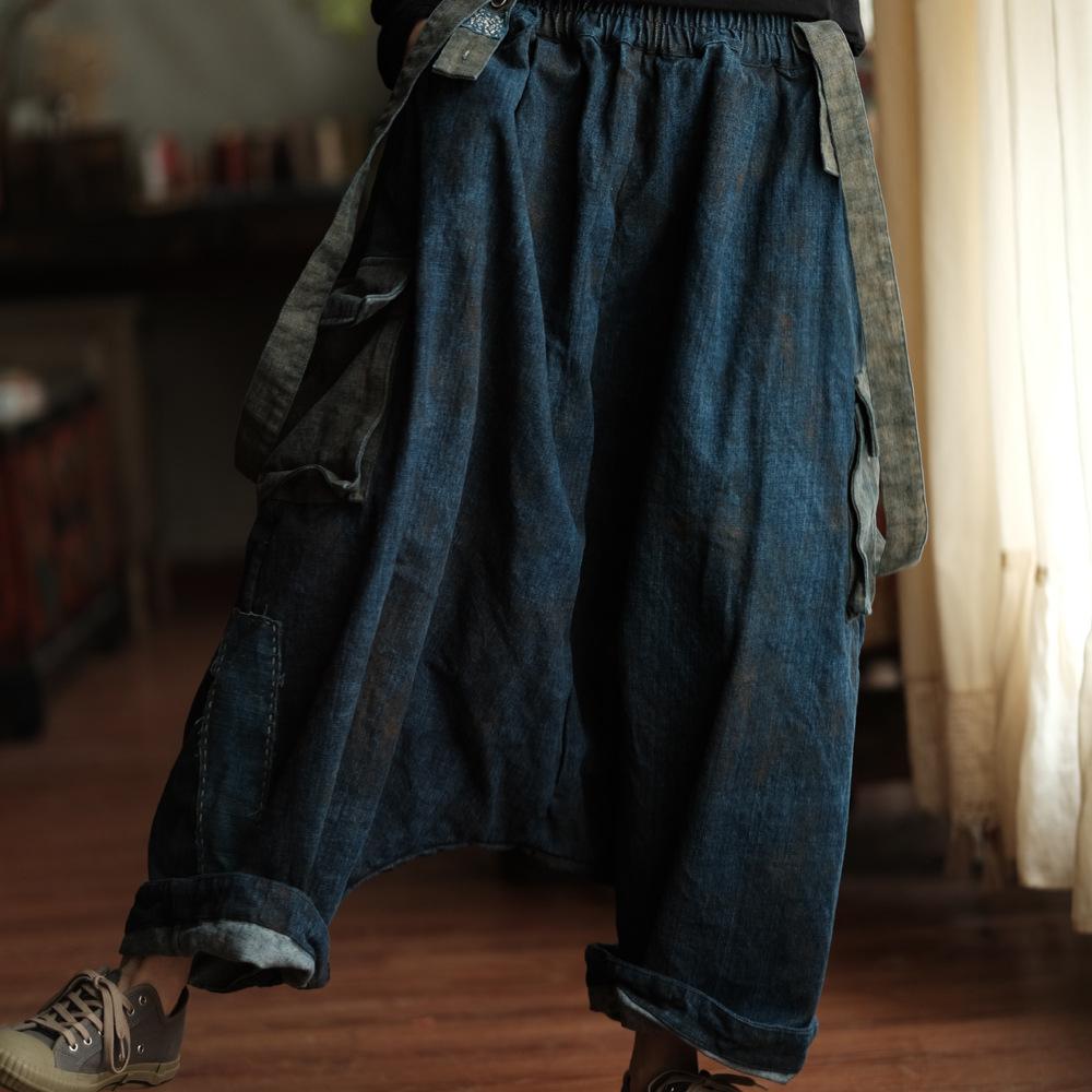 Johnature Women Jumpsuits Elastic Waist Autumn Patchwork Pockets Loose Jumpsuits