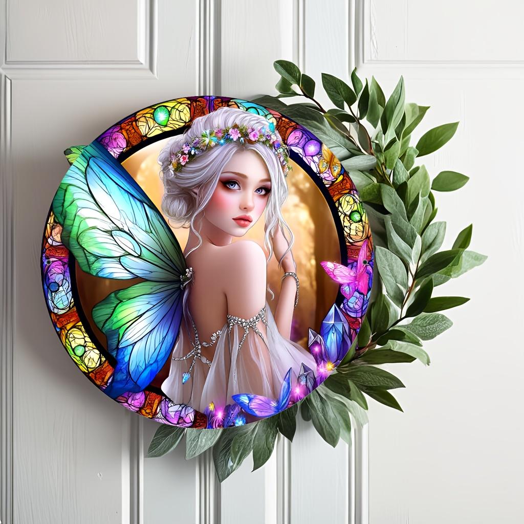 

Деревянная фея, цветочный венок, деревянная вывеска в стиле ар-деко, круглый настенный декор, винтажный многоцелевой акцент для дома и улицы Wood