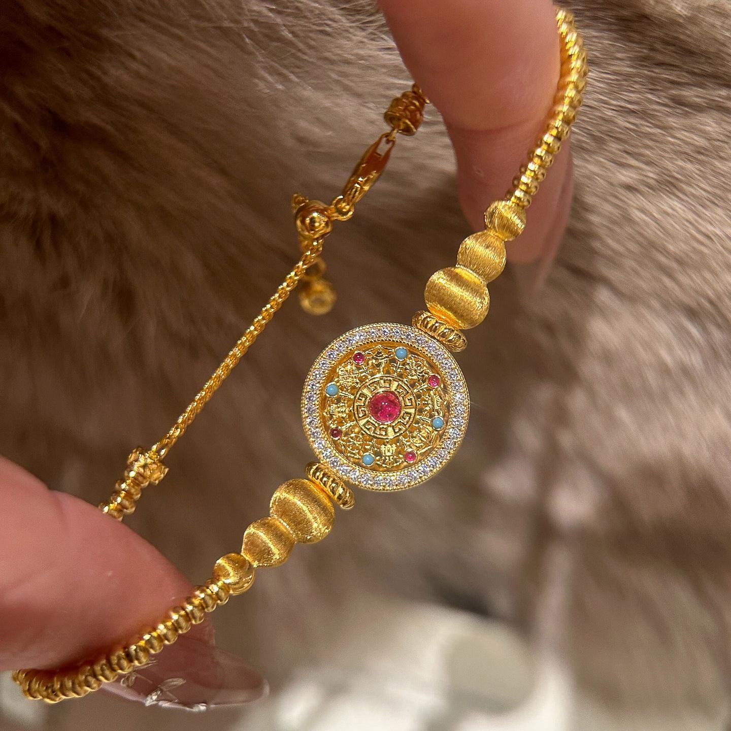 

Classic brushed glossy gourd bracelets for women vintage rotatable shimmer inlaid colorful diamonds round bracelet jewelry 17-20cm золотой