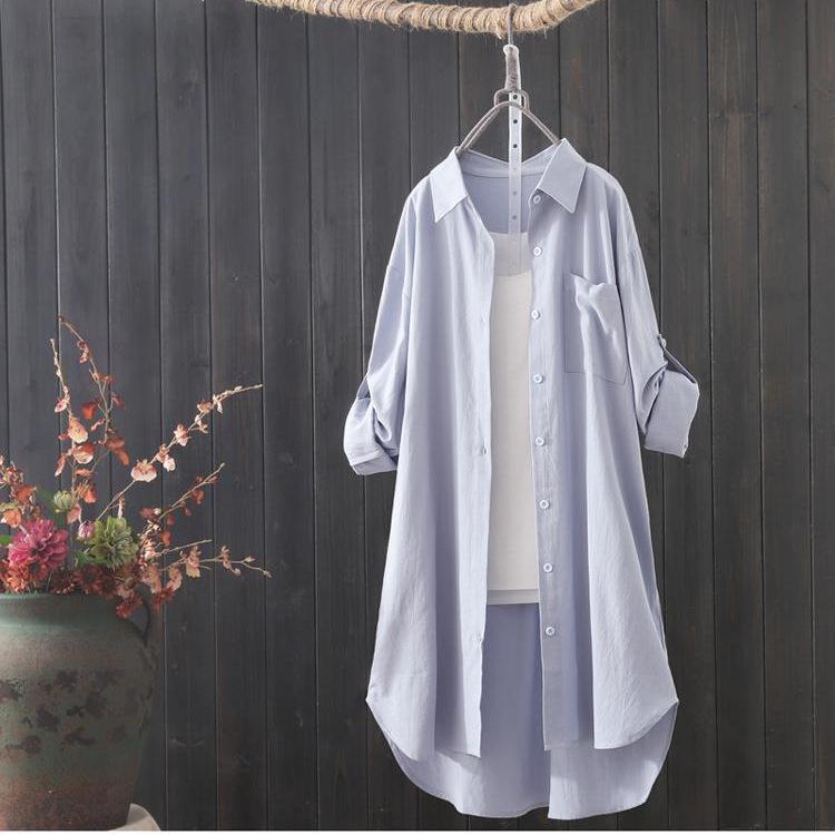 

Women s Spring and Autumn Loose Long Sleeved Shirt, Medium Length Cotton and Hemp for Slimming Effect, Topcoat 3XL синій