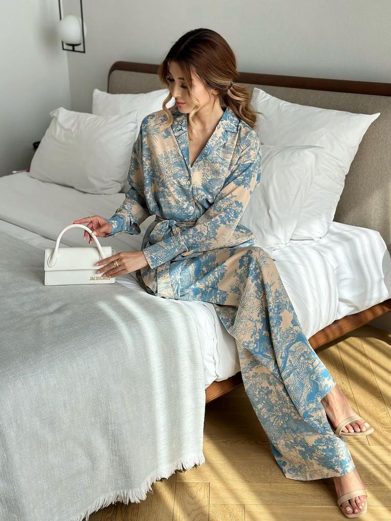 New Spring/Summer Fashion French Floral Printed Long Sleeve Tie Waist Shirt High-Waisted Wide Leg Pants Women
