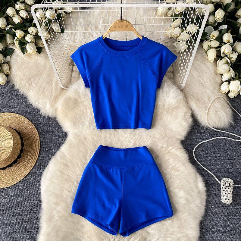 Minimalist Style Athleisure Pure Color Pure Desire Sexy Suit Women's Summer O-neck Short T-shirt + High Waist Figure Flattering Shorts