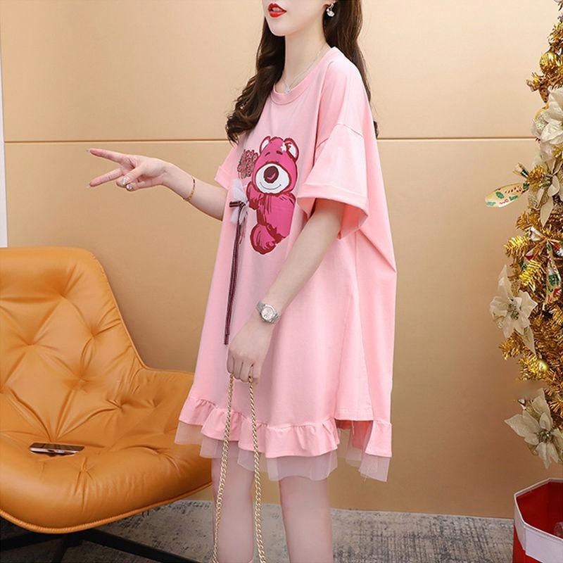 Summer O Neck Loose Casual Printing Mesh Patchwork T-shirt Dress Women Short Sleeve Pullover Tee Robe Top