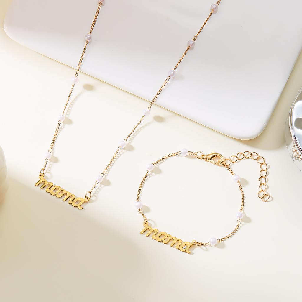 Mother's Day Mama Letter Jewelry Set, Imitation Pearl Necklace Bracelet, Daily Fashion Gift for Mom