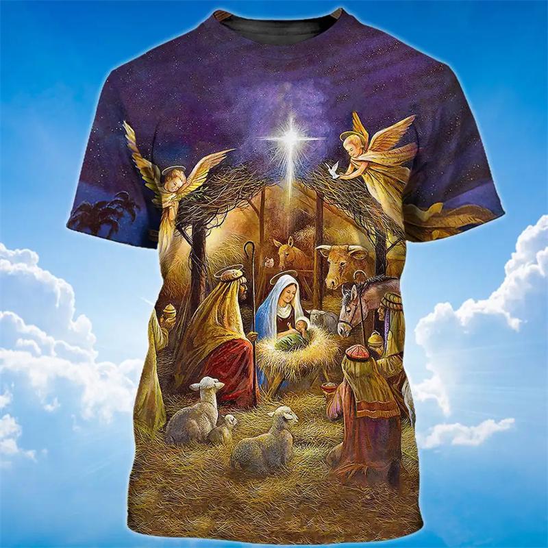 Fashion 3D Jesus Cross Print T Shirt For Men Christianity God Graphic Oversized T-shirts Daily Casual O-neck Short-sleeved Tops