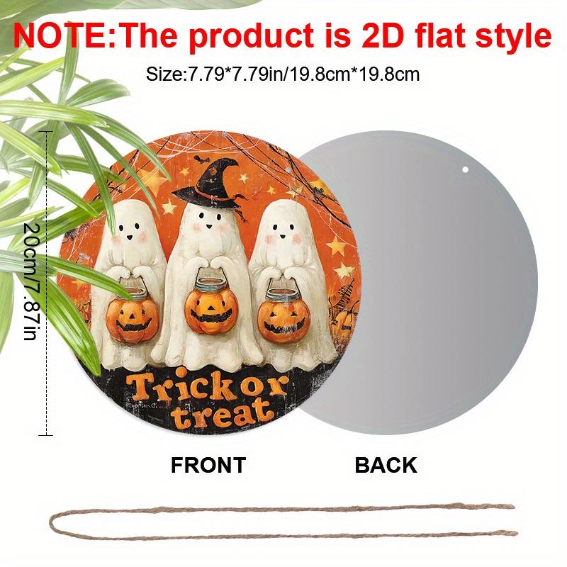 2D Flat Aluminium Halloween Sign with Adorable Ghosts Pattern - Trick or Treat Figurine Ornaments - Ideal for Front Door, Wall, Porch, Window Decor