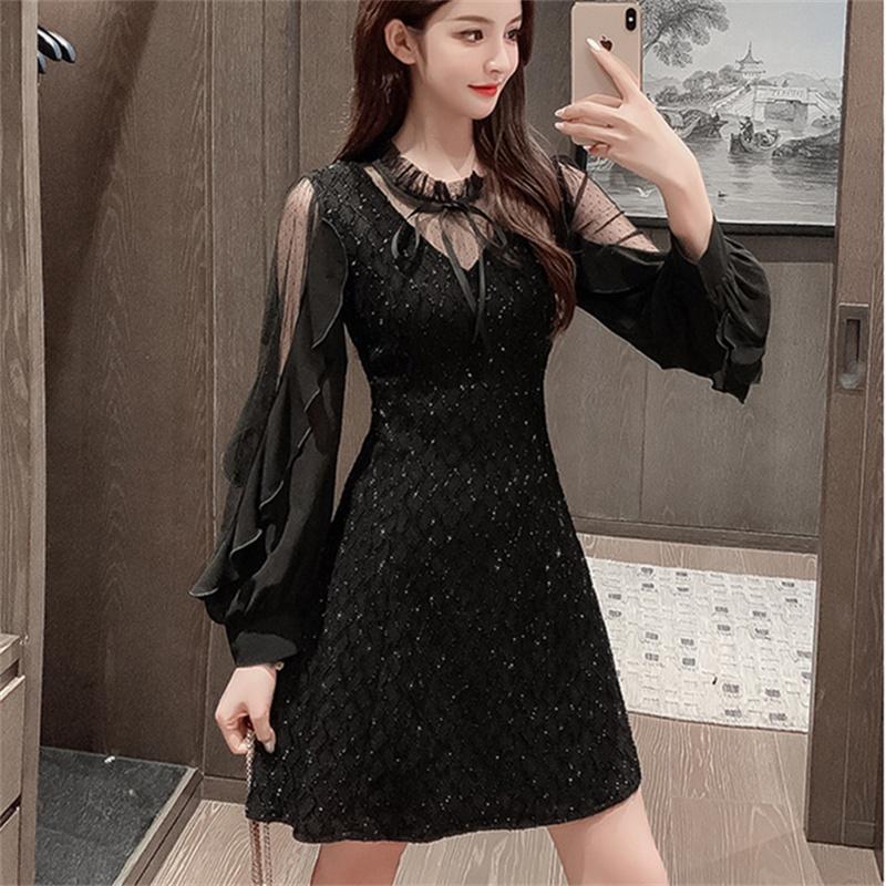 Long Sleeve Dresses Women Black Lace Patchwork Casual Office Ladies Elegant Slim Party Spring Vestidoes Chic Mid-Calf Vintage