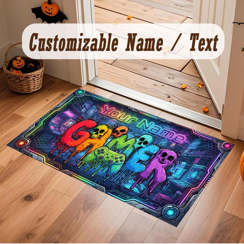 City Cyberpunk Theme Crystal Velvet Floor Rug Personalized Custom Name Text Warm Carpet Home Decoration