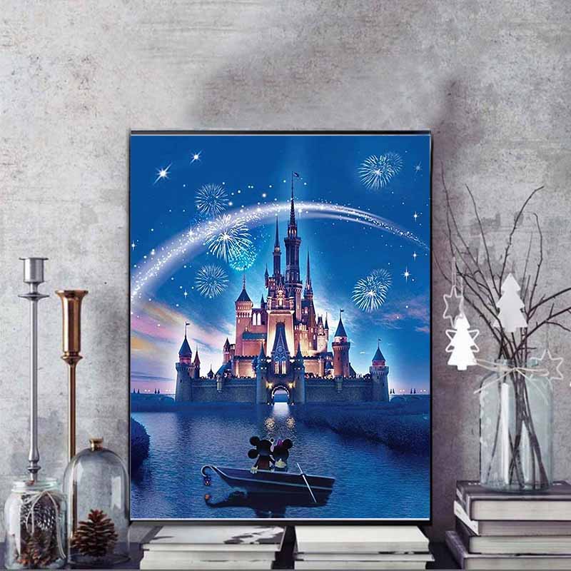 Disney Diamond Painting Classic Castle with Mickey and Minnie Romantic Theme Illustration DIY Kit Adult Arts and Crafts Home Decor and Gift