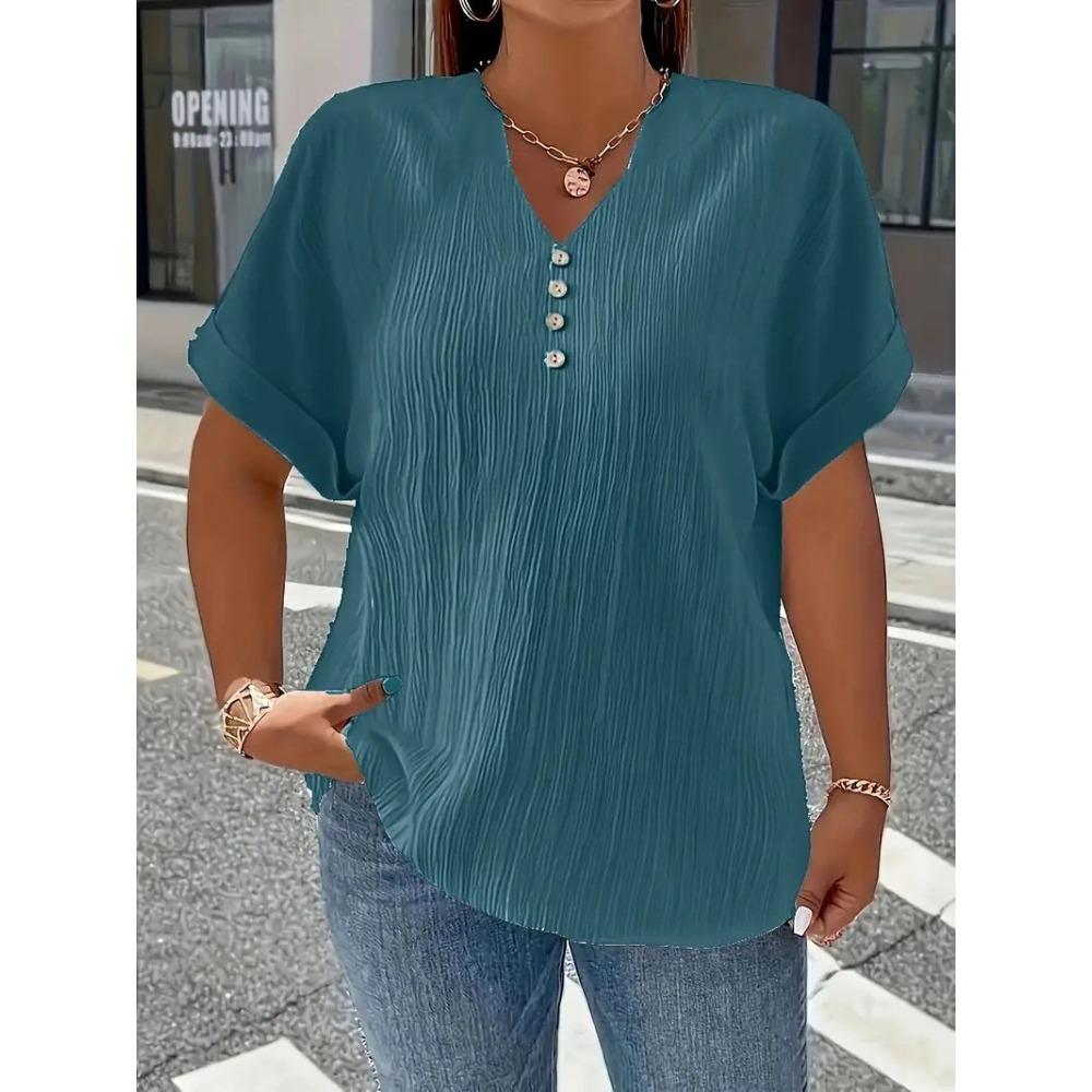 Elegant Casual T-Shirt - Women's Plus Size - Plus Size - New European and American - Spring/Summer Short Sleeve - Button Solid Color
