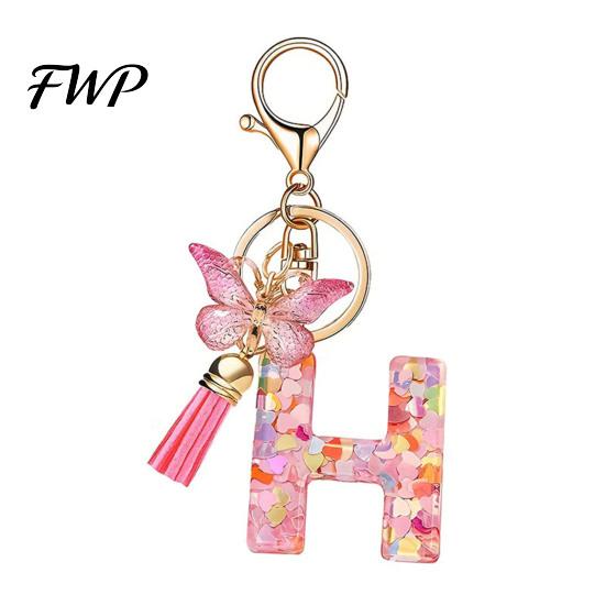Initial Letter Charm Keychain Pink Series Pendant, Sequins Heart Key Chain with Holder Pendant Butterfly Tassel Design, A-Z for Bag Purse Backpack