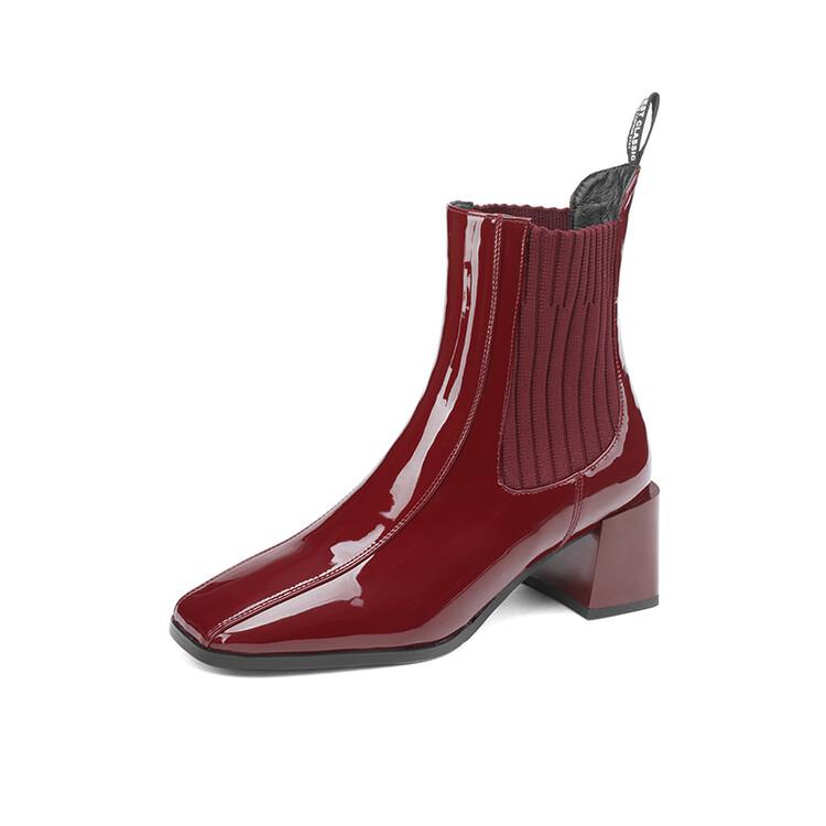 Mode Nouvelles Bottes d'Hiver en Cuir Verni pour Femmes, Bout Carré, Bottines Courtes de Mode, Bottes Chelsea Faites Main, Talons Hauts