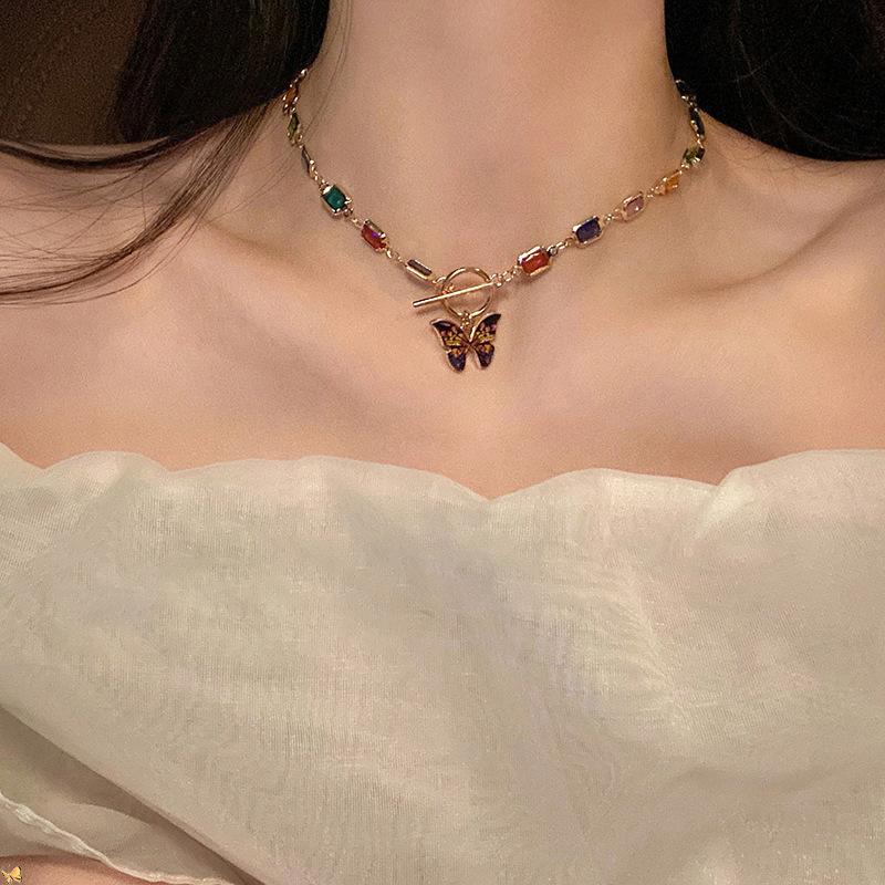 Fashion Retro Beaded Butterfly Y2K Rainbow Crystal Pendant Chain Choker Necklace For Women Bohemia Charm Jewelry Accessories