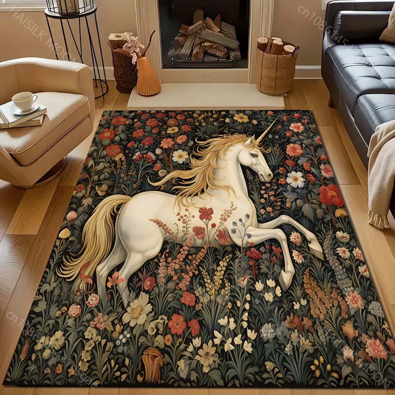 1PC Classic Print Unicorns and Flowers Carpet for Living Room Bedroom Bedside Sofa Table Floor Mat Home Area Rug Decoration