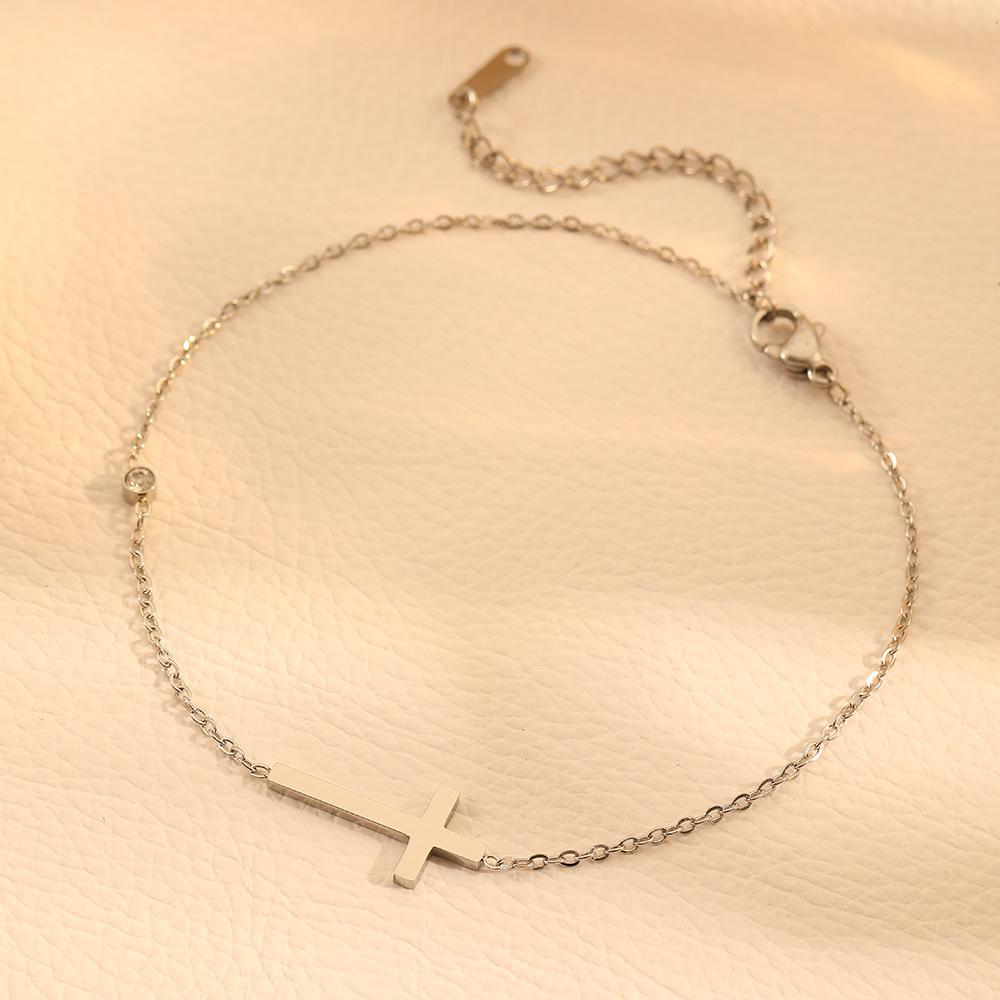 INS Summer Rhinestone Cross Anklet: Trendy European & American Stainless Steel Foot Jewelry.