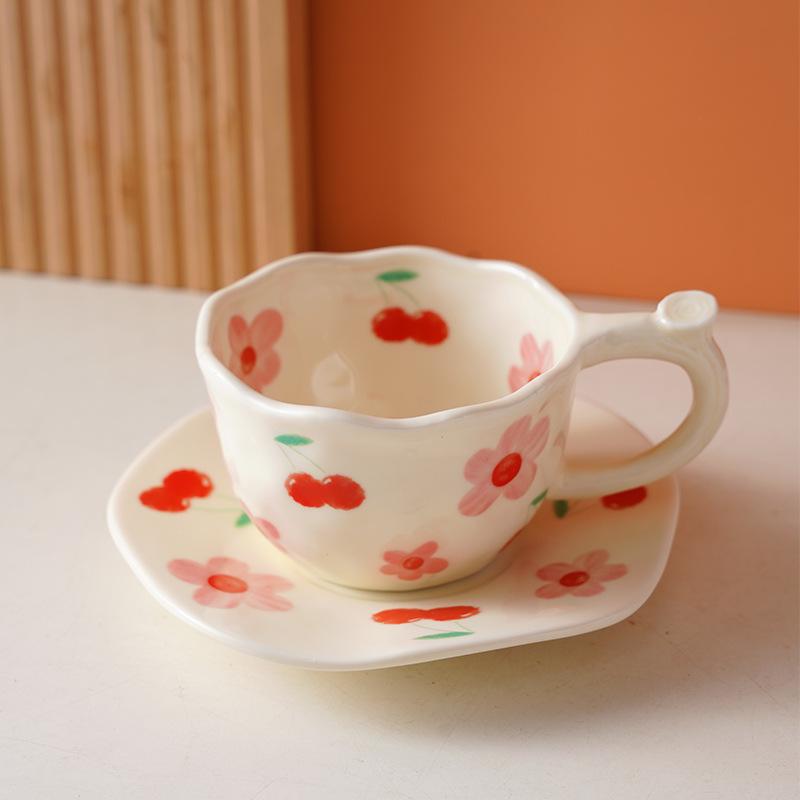 Exquisite Hand-painted Flower Ceramic Cup and Plate Set, Cute Coffee Mug, Office Breakfast Oat Milk Cups, Couple Christmas Gift