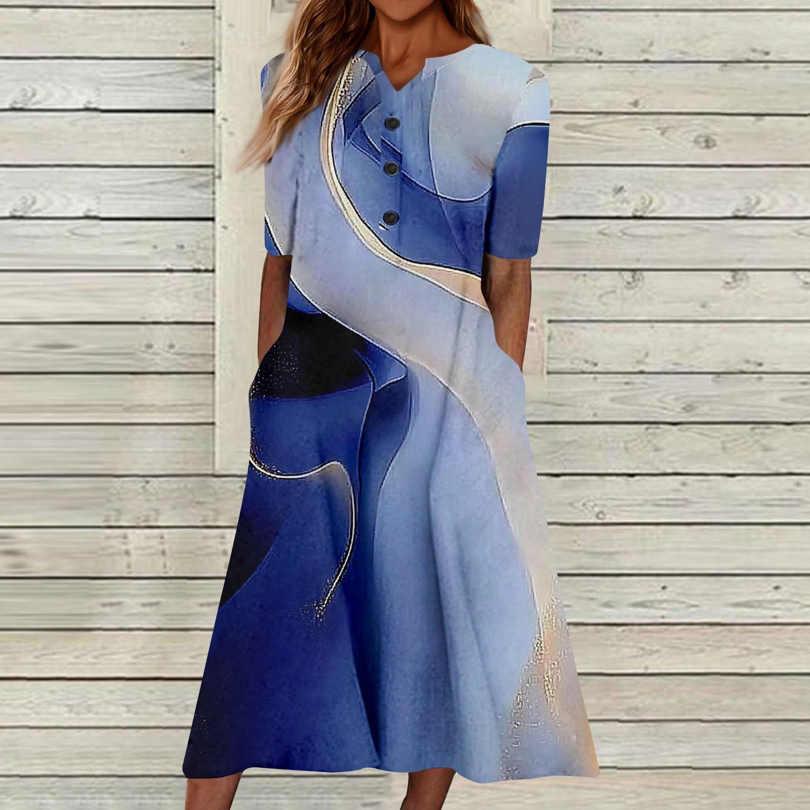 

Женский летний повседневный цветочный (Градиент) Платье с коротким рукавом с принтом L синий