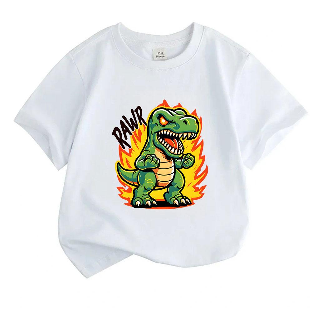 Kids Boys Girls 100% Cotton Crew Neck Short Sleeve T-Shirt, Cute Angry T-Rex Dinosaur Rawr Print Casual Comfortable Tees for Children Daily Wear