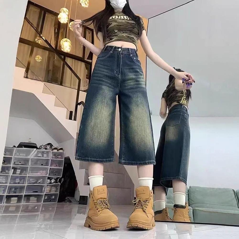 Women's High Waist Vintage Washed Wide Leg Bermuda Shorts Loose Straight Denim Capri Pants Streetwear Calf Length Trousers