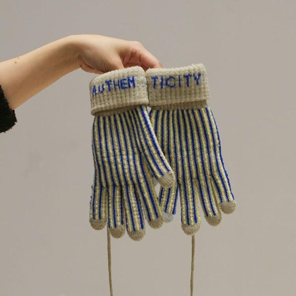Thickened Striped Gloves Wool Winter Velvet Mittens Retro Knitted Gloves Outdoor